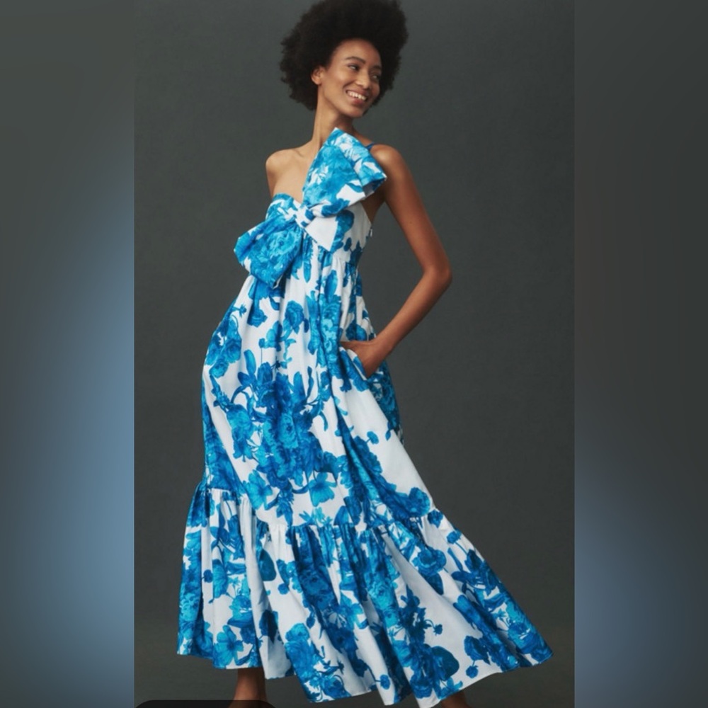Anthropologie Atsu Sally Bow Maxi Dress Blue Floral Bow Tie
